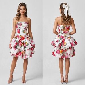 VTG 80s Roberta Floral Bubble Mini Dress Bow Back Closure Red Tulle Modern 0/2